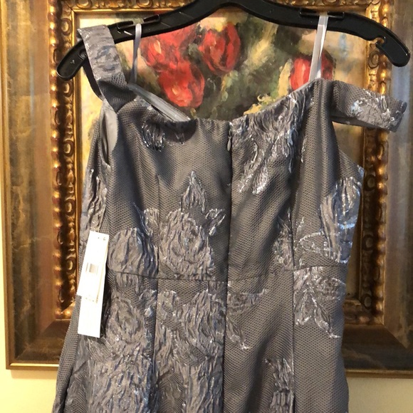 Aidan Mattox Gunmetal Off The Shoulder Silver Floral Detail-Soft Mesh Lined Gown - Picture 6 of 14